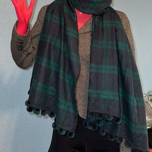 J. Crew Plaid Pom Pom Scarf